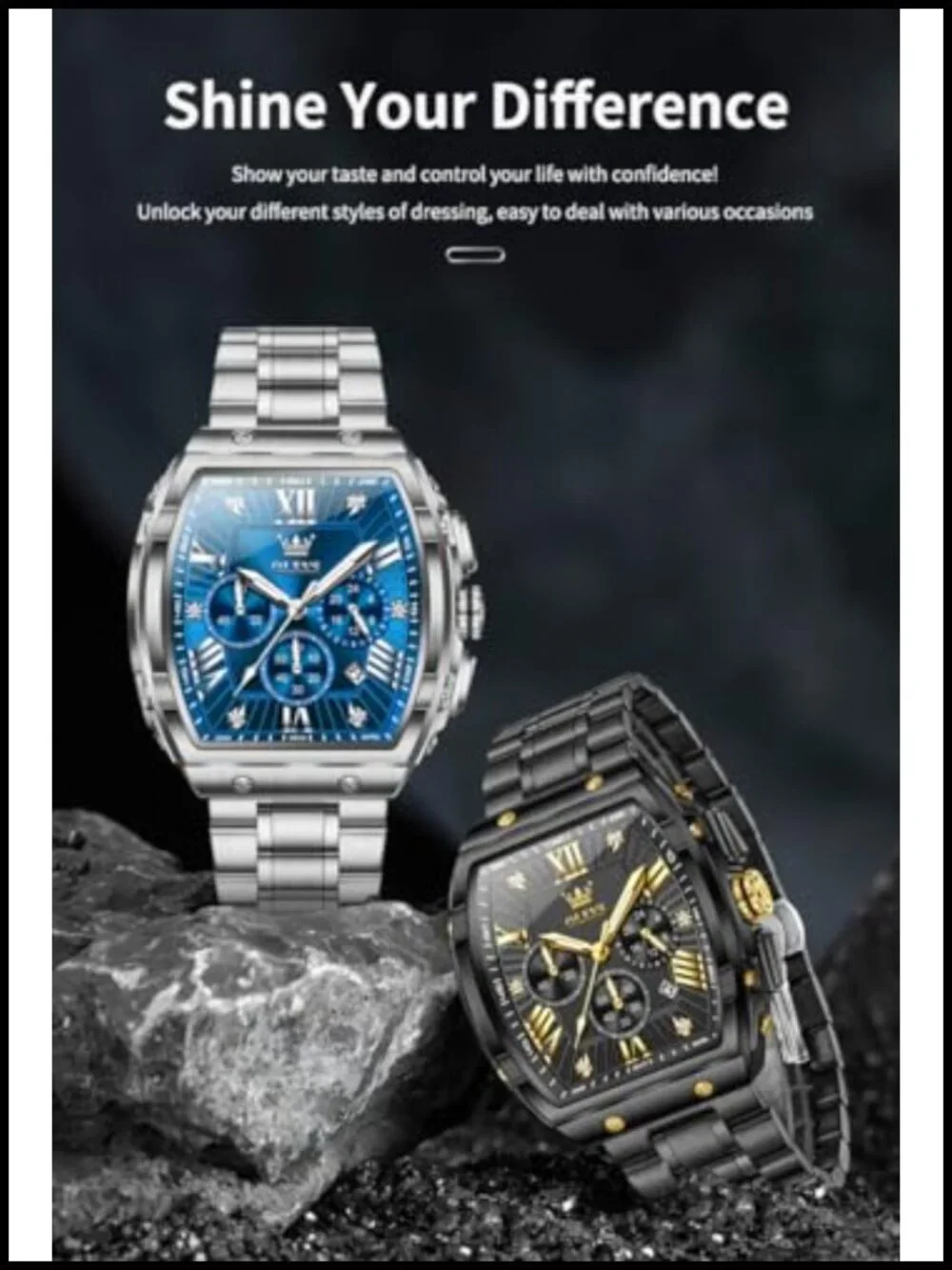 Mens Analog Chronograph Watch Square Dress Stainless Steel Waterproof Luminous
